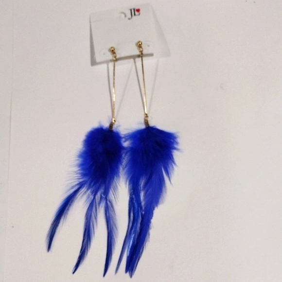 Gold Tone Blue Feather 6.5" Drop Long Post Earrings - Women's  Fashion Jewelry - Picture 1 of 6
